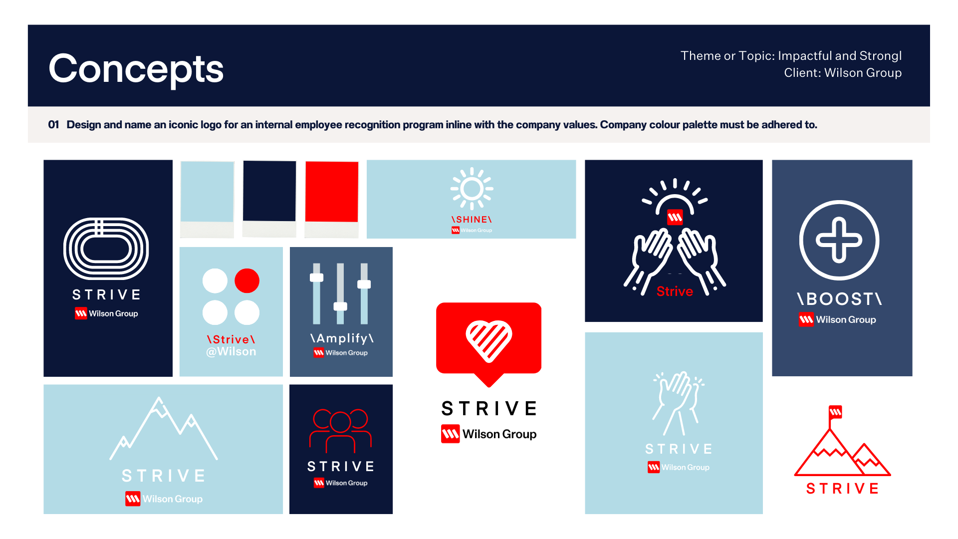 Collection of logo concepts for Wilson Group, including words 'Strive' and 'Boost', icons of hands, a mountain, and various abstract shapes, in red, white, navy blue, and light blue colors.