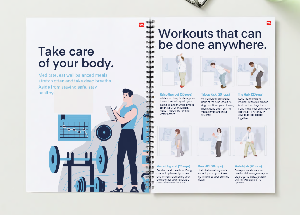 Open fitness notebook displaying workout tips and illustrations for exercises that can be done anywhere, including stretching and strength movements.