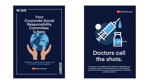 Two social responsibility posters. The first shows hands holding a globe with text about a corporate social responsibility committee launch by Wilson Security. The second depicts a syringe and medicine bottle, with text about doctors calling the shot
