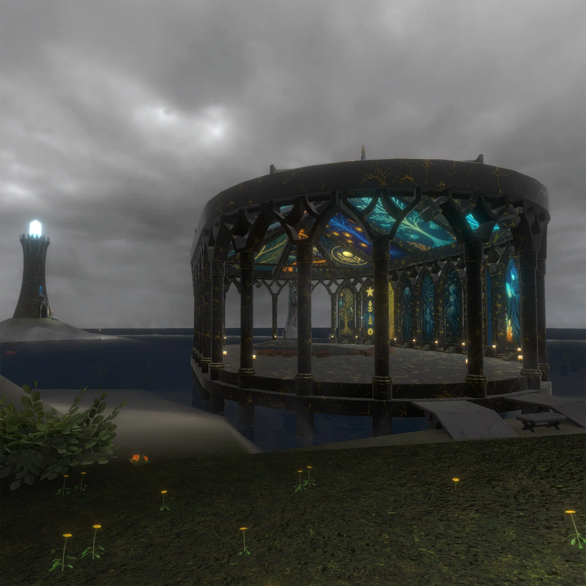 Ravenwood Amphitheater is a gothic revival  lookout island for Coralverse presentations, movie nights, ceremonies, and assemblies, where ancient knowledge becomes shared community story.