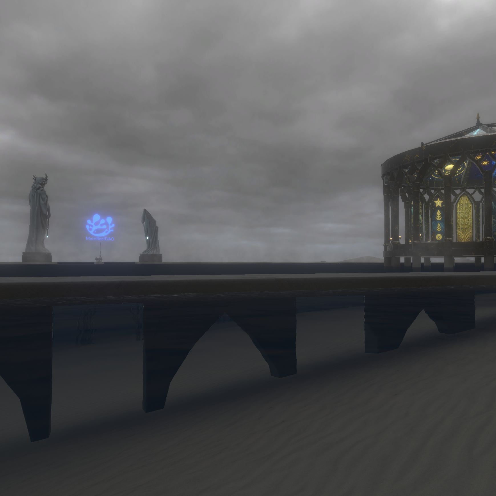 The MesoReef DAO Amphitheater is a gothic revival lookout island for assemblies, presentations, movie nights, ceremonies, and where ancient knowledge becomes shared community story.