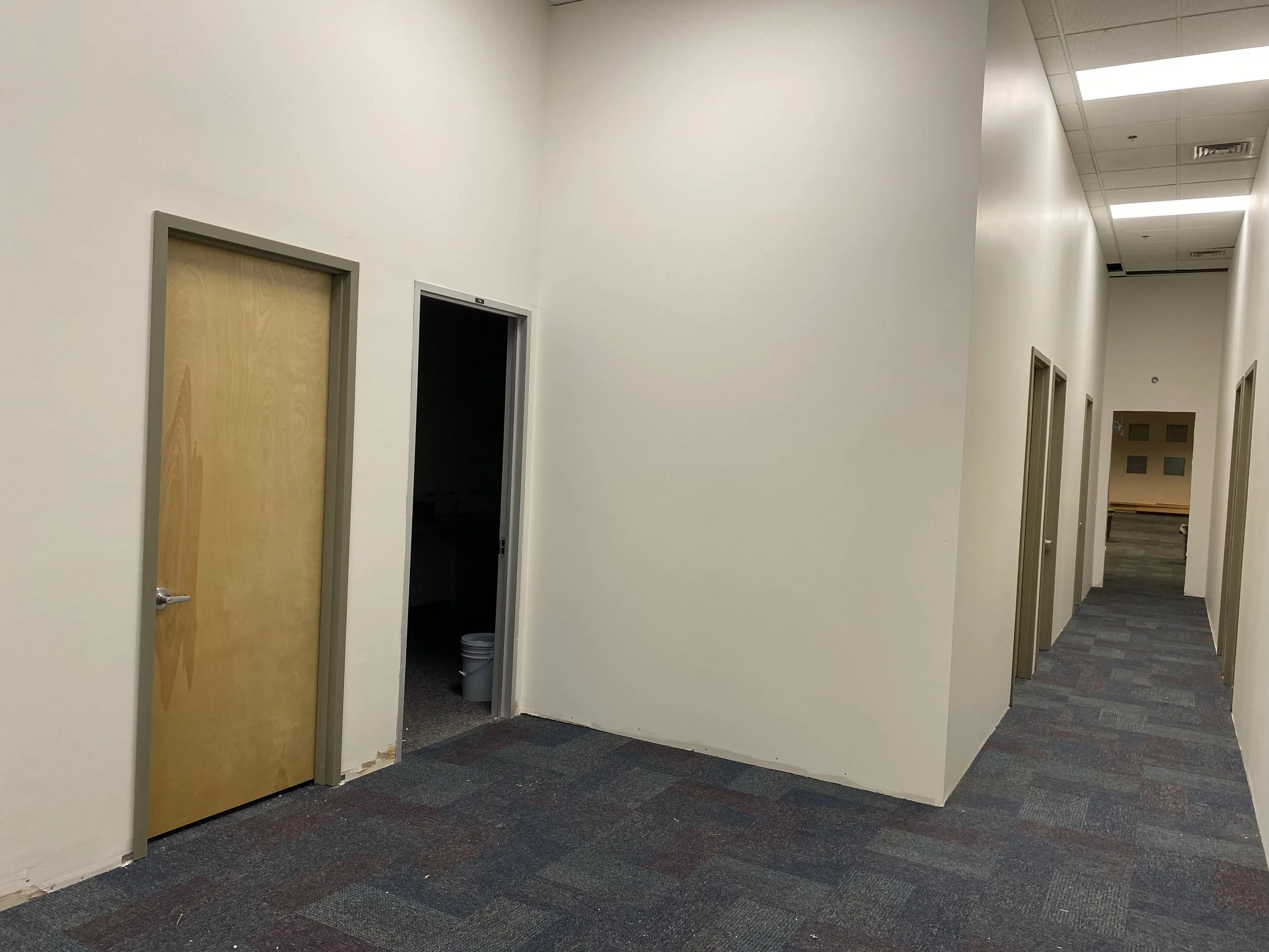 Empty office hallway with closed doors on the left and multiple doors along the right wall leading to small rooms in a building with drop ceiling and fluorescent lighting.