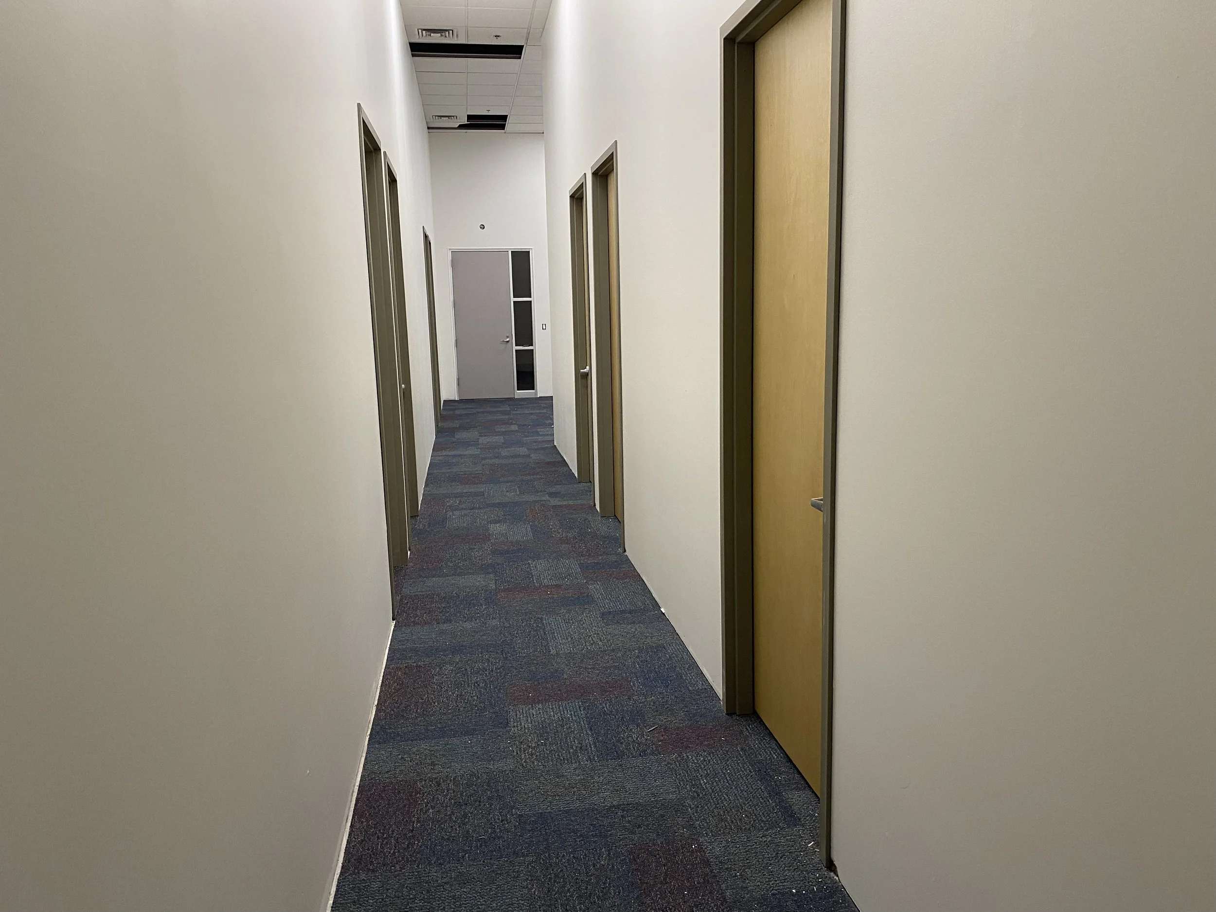 Empty hallway with beige doors along a carpeted floor and white walls, leading to a closed door at the end.