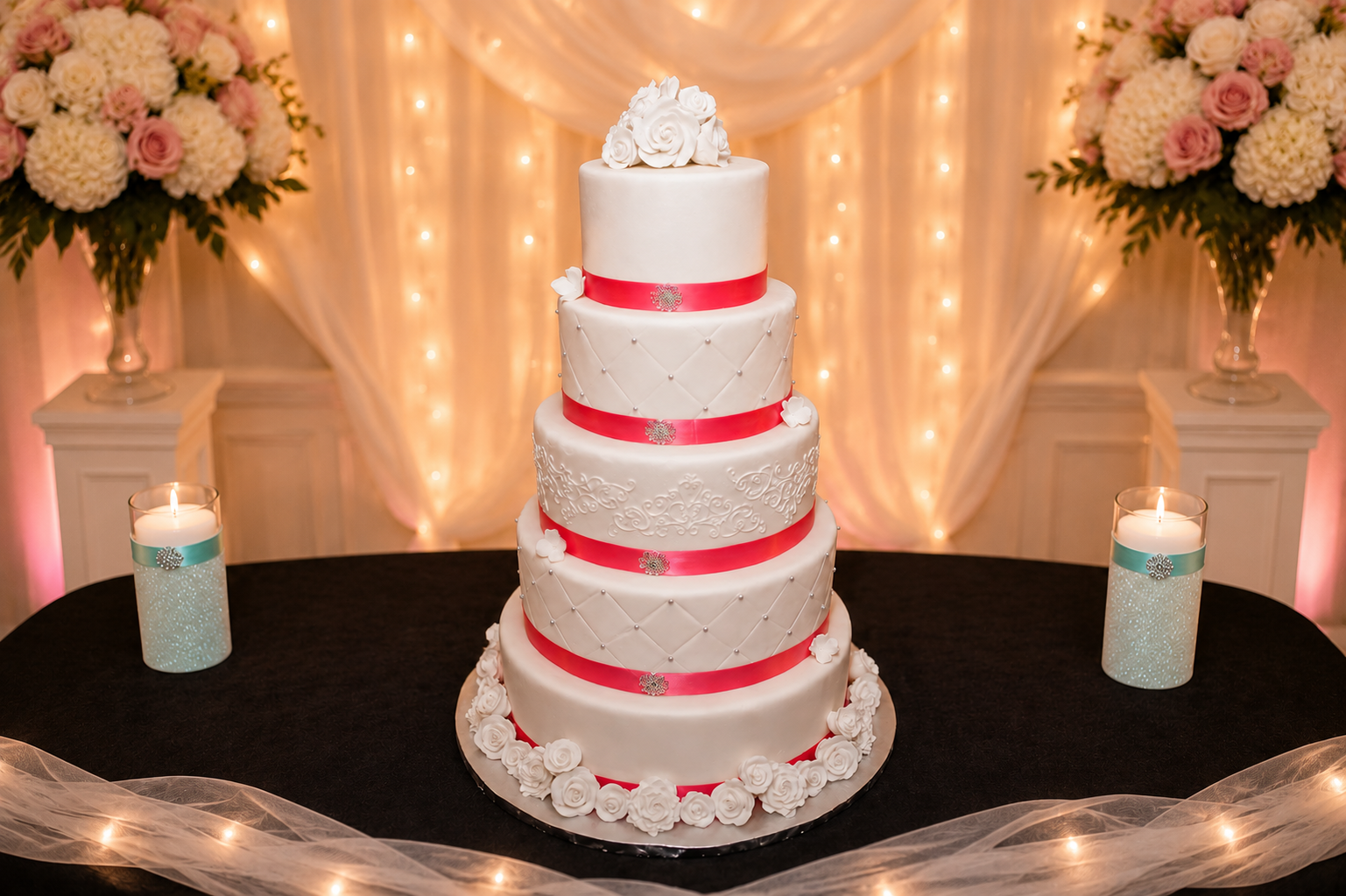 White and Coral Wedding Cake