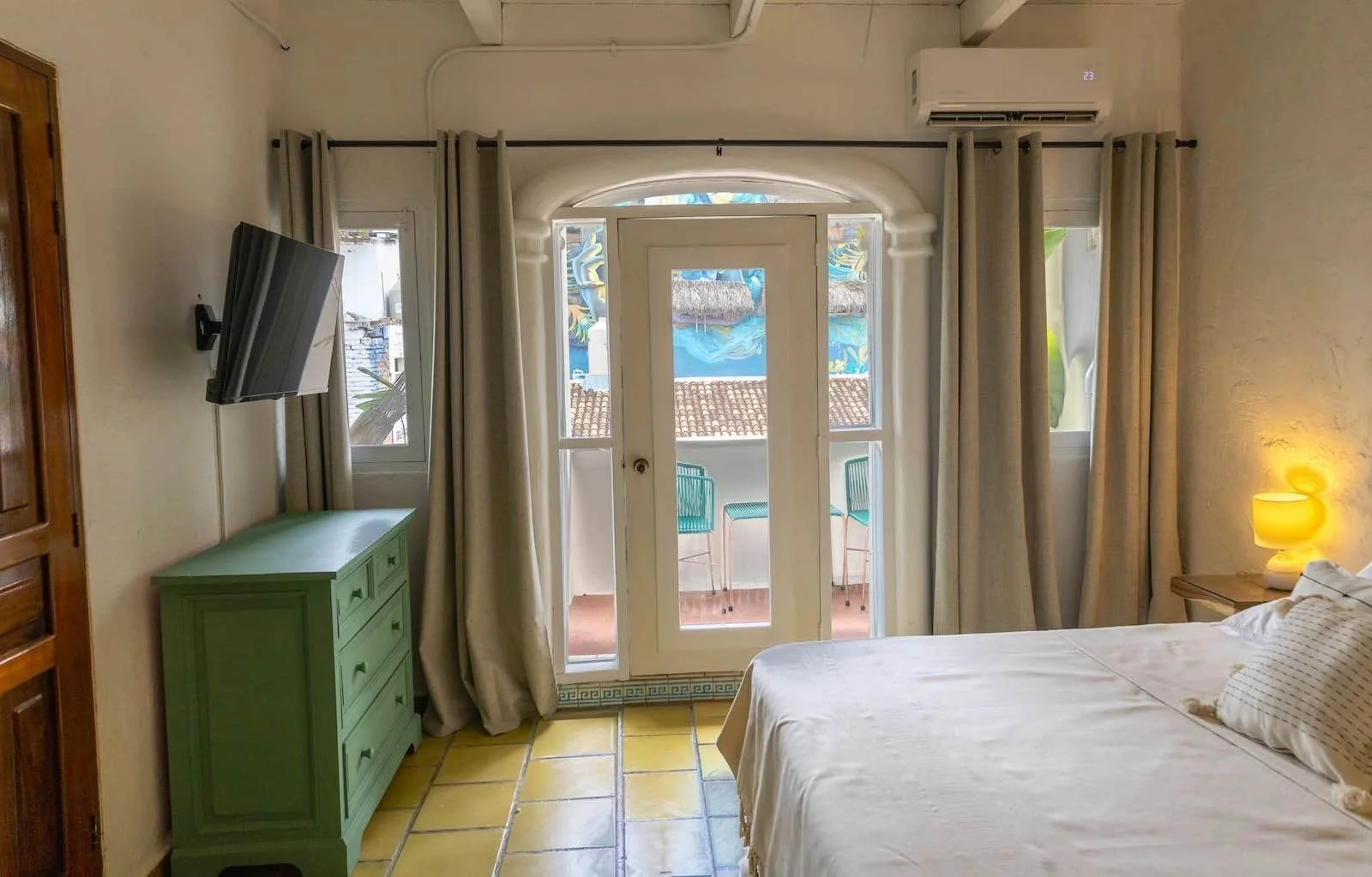 Bright boutique hotel room with natural light near the beach in Sayulita Mexico.