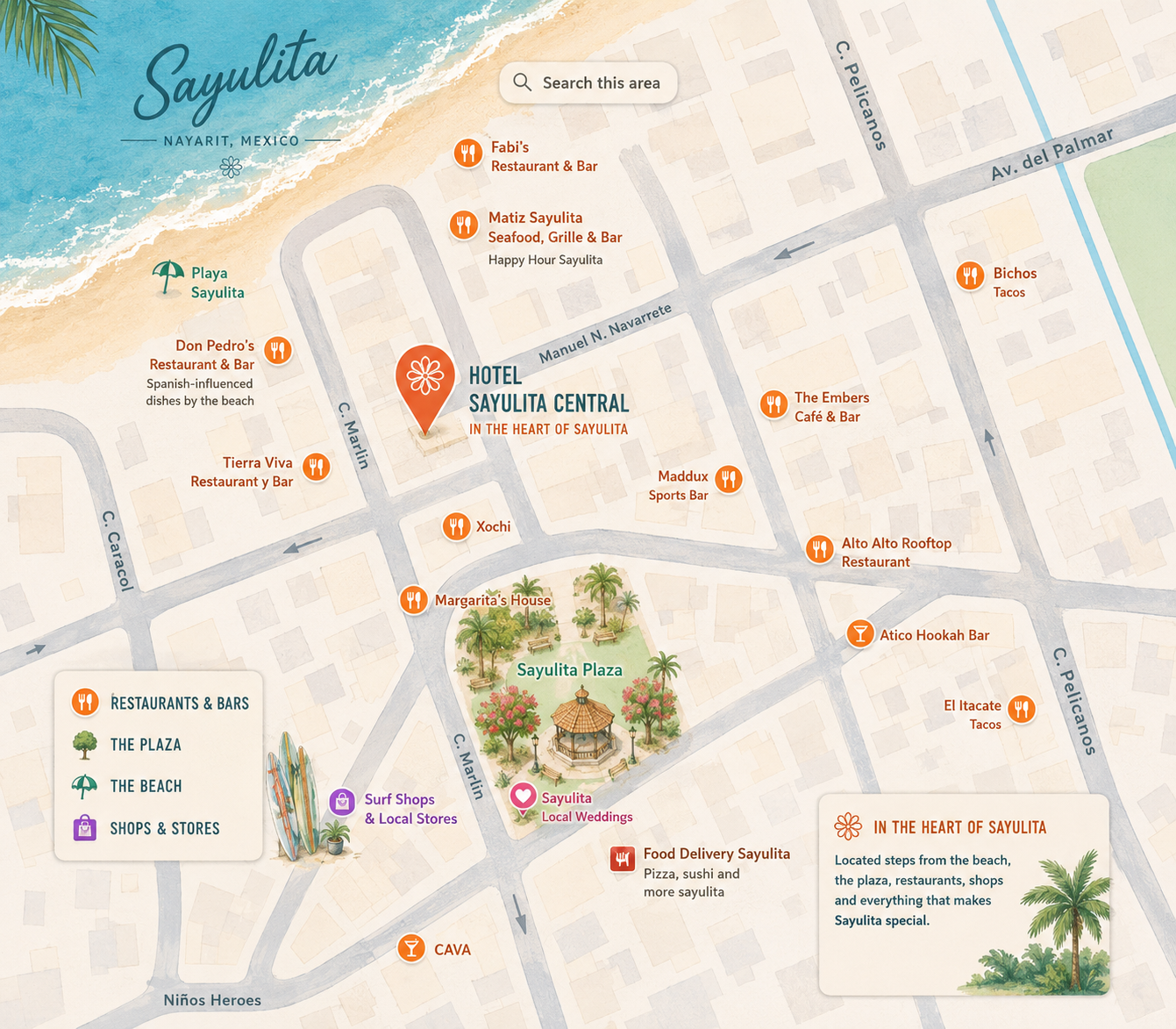Map showing Hotel Sayulita Central near Sayulita Beach, Sayulita Plaza, restaurants, bars, shops, and surf spots.