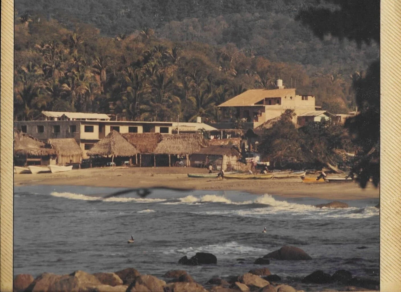 Historic photo of Sayulita beach in the 1980s showing the original coastal village atmosphere near Hotel Sayulita Central.