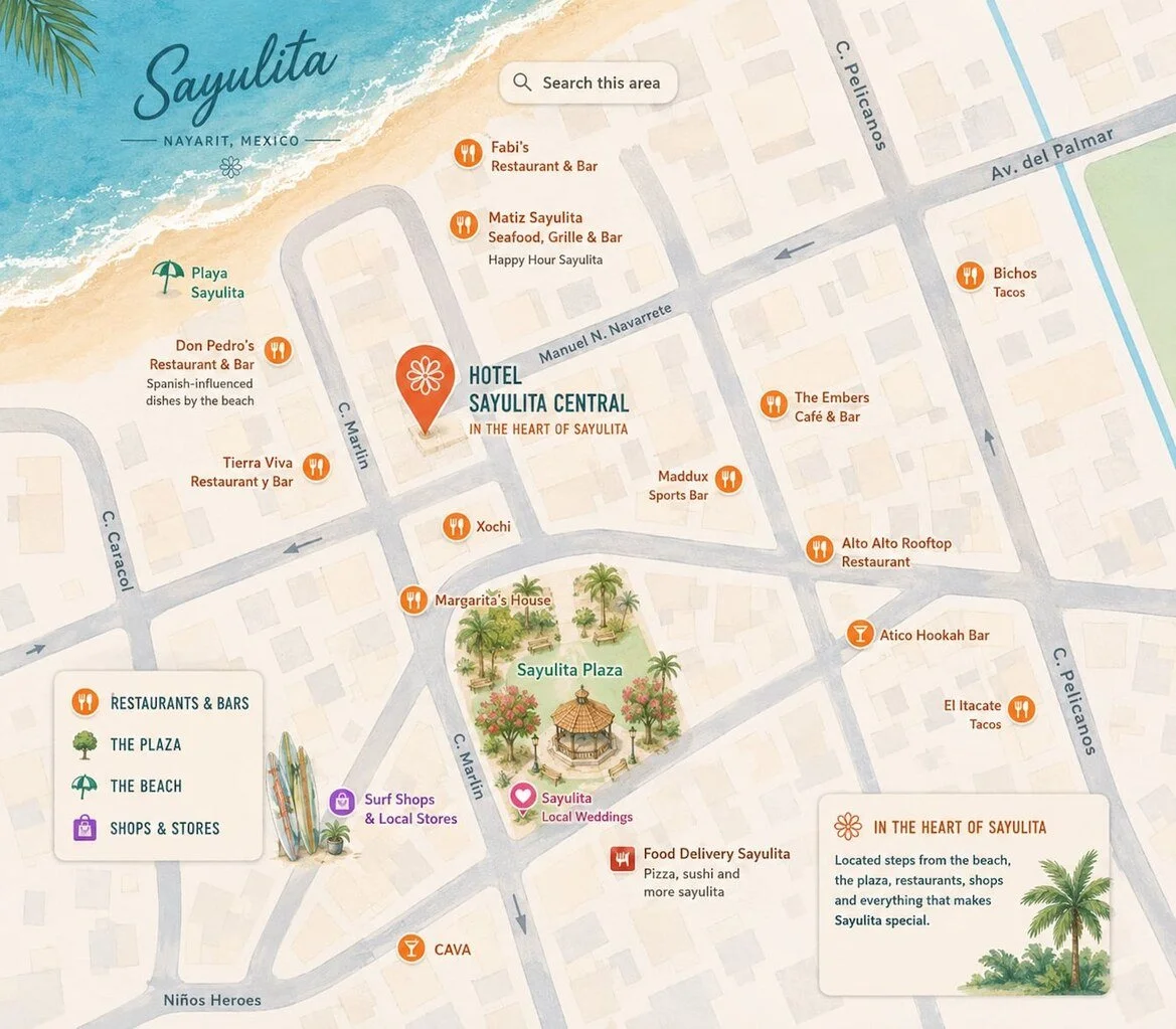 Map showing Hotel Sayulita Central location in downtown Sayulita near the beach, restaurants, shops, and plaza.