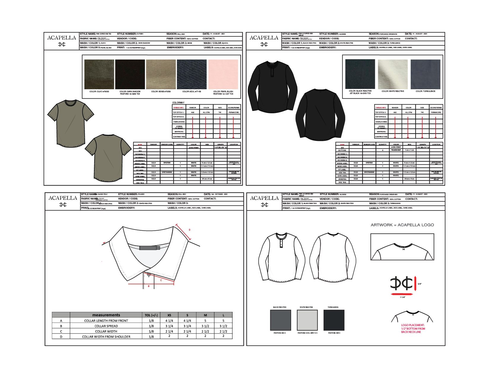 A selection of tech packs is included to illustrate my role in product development. These documents showcase partial information and do not represent the full technical dossiers due to confidentiality.