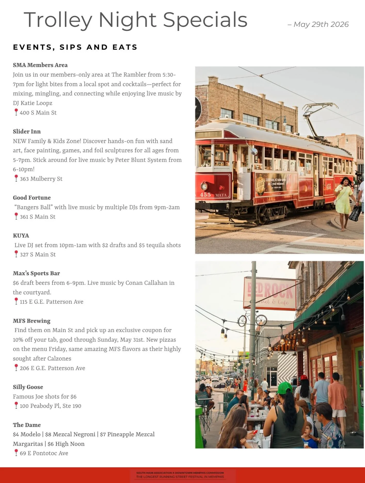 Your Friday plans are officially handled✨Trolley Night returns May 29th with specialty cocktails, happy hour deals, live DJs, shopping, and more all across South Main🍹🛍️

📍 Members area hosted at The Rambler from 5:30-7pm featuring a live DJ, comp