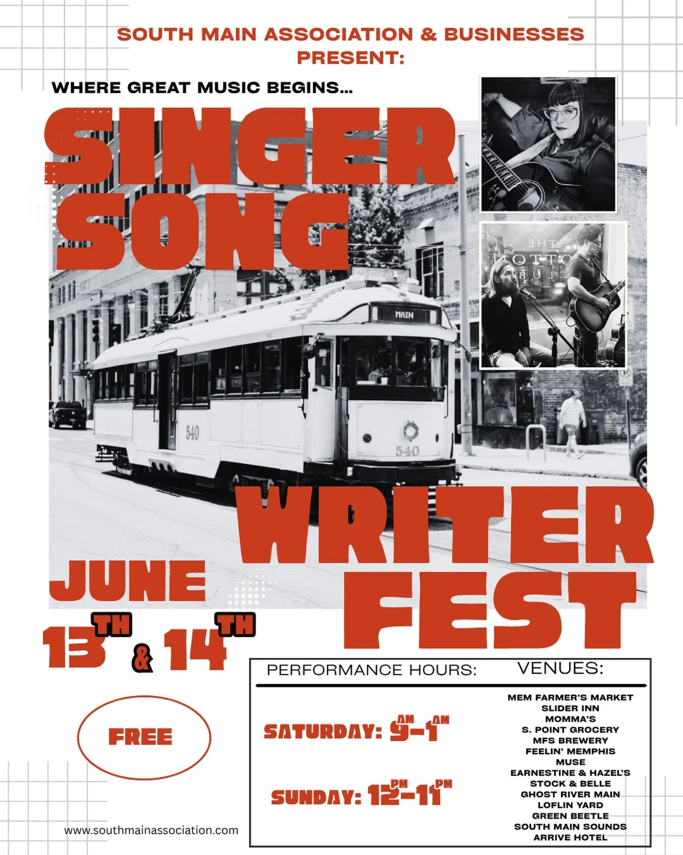 You know Memphis makes music different. 🎶

For two days, South Main is turning into one big stage with singer-songwriters performing inside some of your favorite businesses and out in the streets all weekend long.

Singer Songwriter Fest takes over 