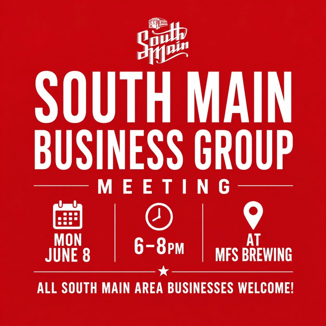 🚨 THIS Monday June 8 🚨
South Main Business Group Meeting!!!

This is NOT another meeting with speakers talking at you 🙅&zwj;♂️
This is for YOU &mdash; business owners &amp; operators &mdash; to:
&bull; Connect 🤝
&bull; Support each other 💡
&bull