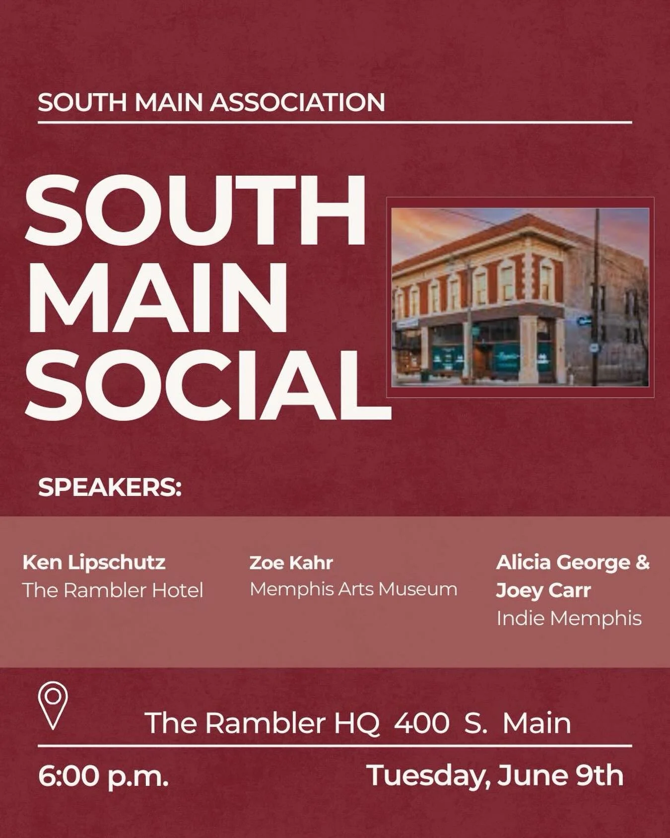 Tomorrow night, South Main is the place to be. 🏙️✨

Join us at @therambler_memphis &mdash; we&rsquo;re taking over the penthouse with food, drinks, and some major announcements you don&rsquo;t want to miss.

🎙️ Hear from the new owners of The Rambl