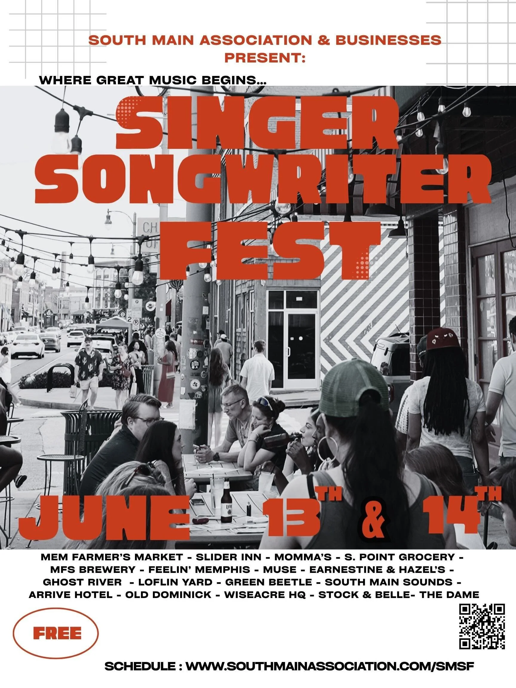 South Main is about to become one big stage. 🎸🎶

The Singer Songwriter Fest is THIS weekend. June 13th &amp; 14th &mdash; and it&rsquo;s completely FREE.

18+ venues. 2 days. Dozens of original artists performing live across the neighborhood.

Satu
