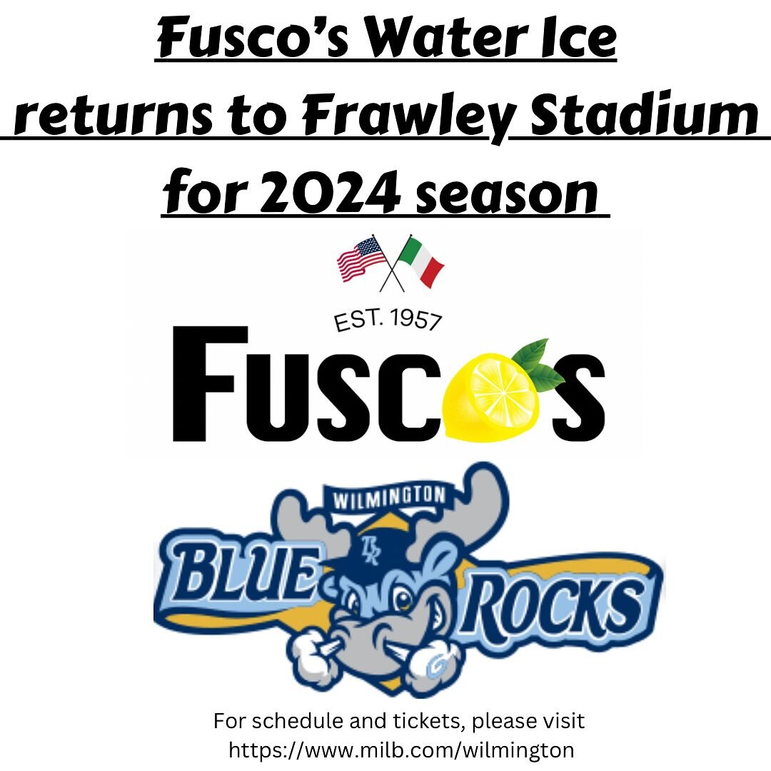 Fusco&rsquo;s is back at Frawley Stadium for the 2024 season! Watch and cheer on our local @wilmbluerocks with a water ice in hand, all season long. 
Another great season is about to start, so visit https://www.milb.com/wilmington for schedule, ticke