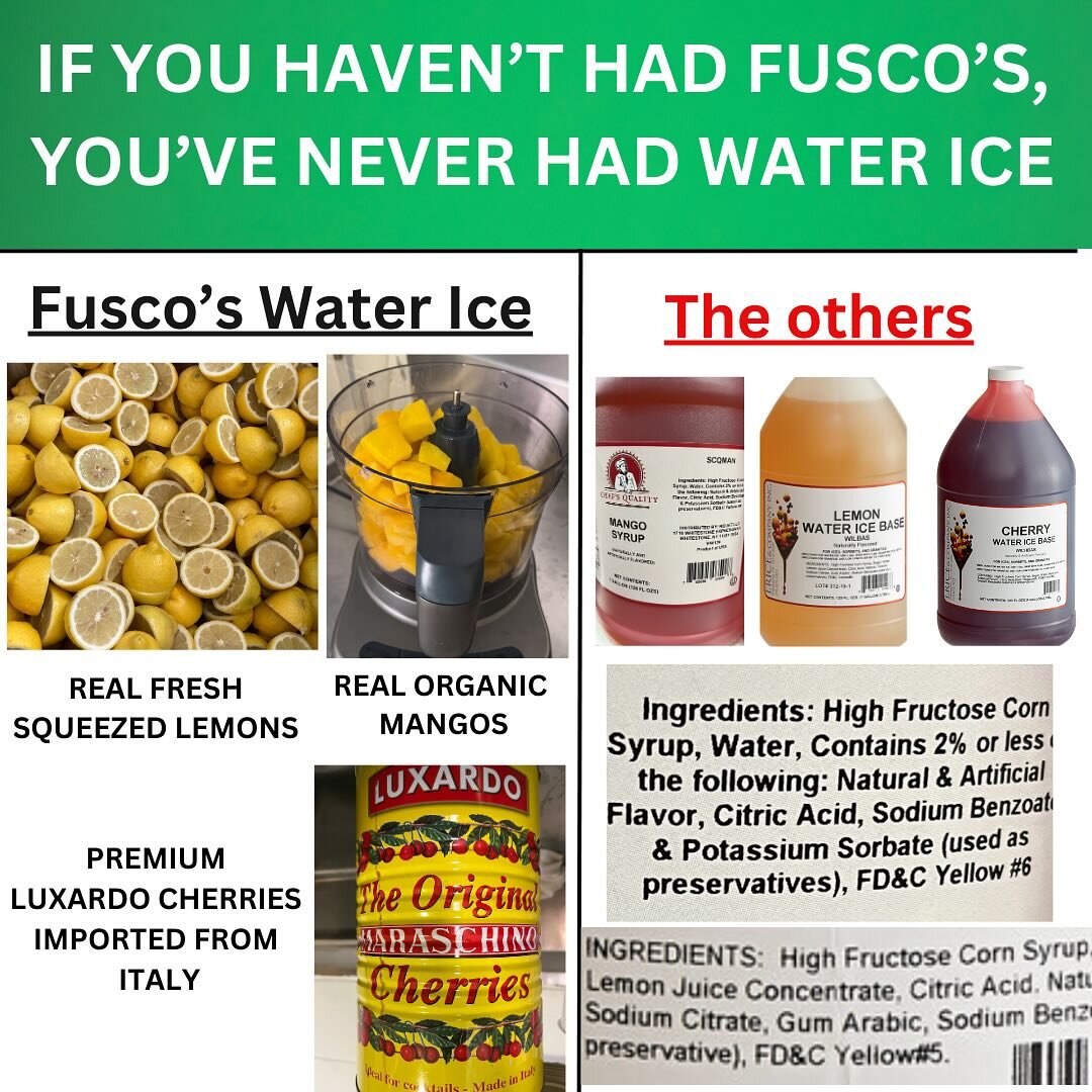 The One The Only&hellip;
Water Ice with integrity - since 1957. Discover the difference. Ingredients matter!

#theonetheonlyfuscos 
#shakeandsqueeze 
#ingredientsmatter