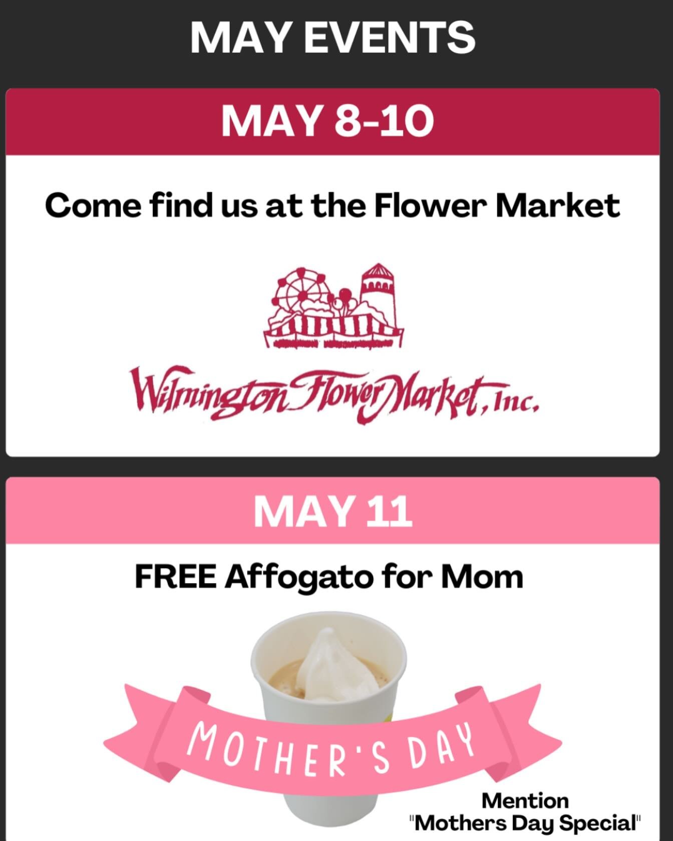 Mark your calendars Mother’s Day Weekend. The fabulous @wilmingtonflowermarket takes place, followed by a Mother’s Day Special at Fusco’s on Kirkwood. FREE Affogato for Mom!