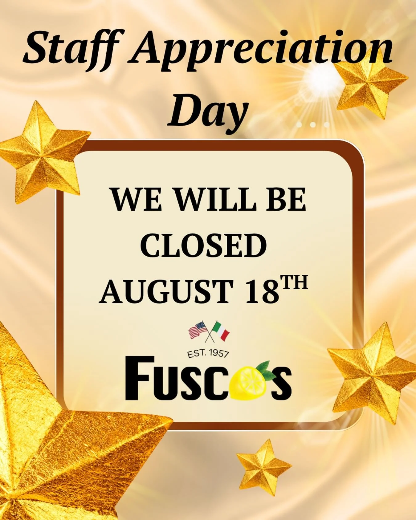 A reminder that we are closed today, Monday August 18th!
Both locations will reopen tomorrow.