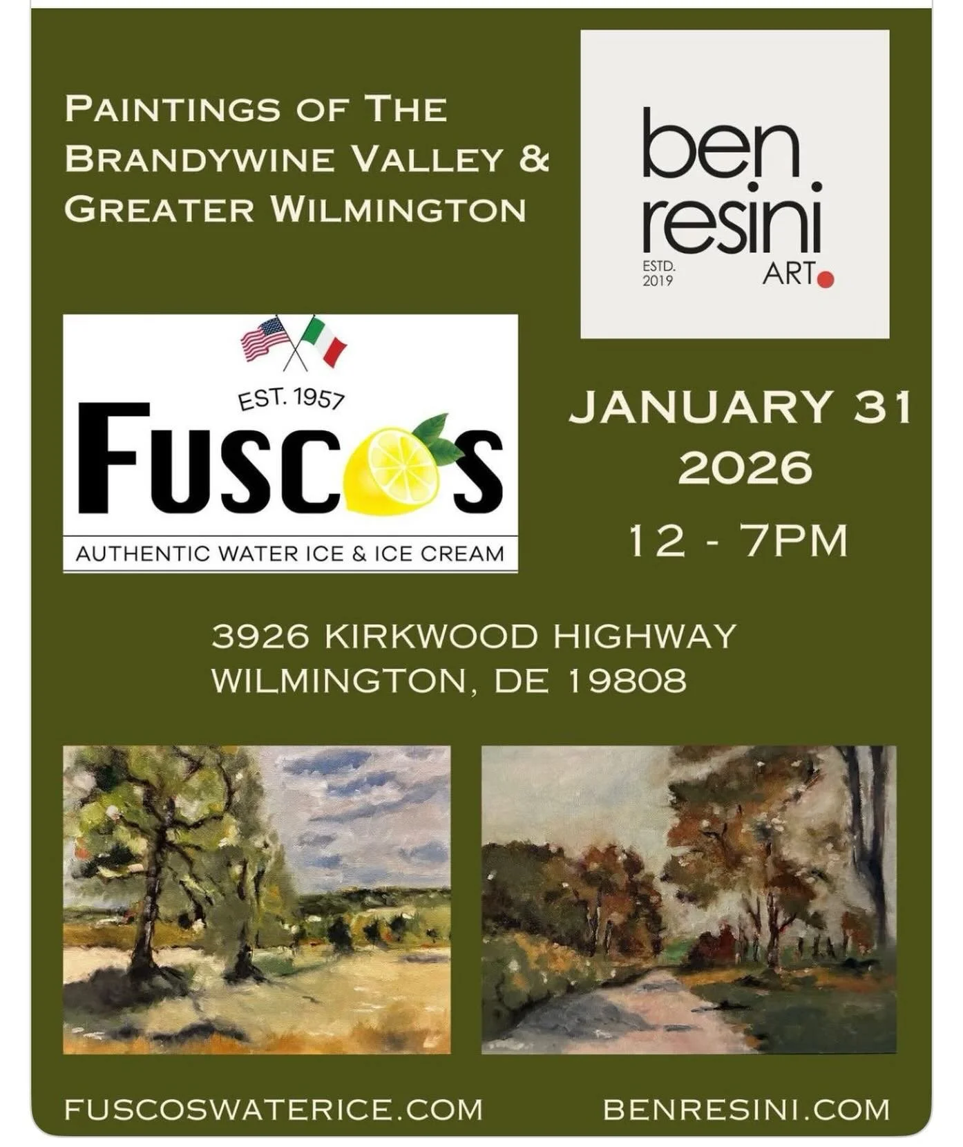 @benresiniart be at Fusco&rsquo;s Water Ice Kirkwood Highway January 31st with a number of smaller landscape paintings of the Brandywine Valley &amp; Greater Wilmington area. Stop by and say hello! 👋