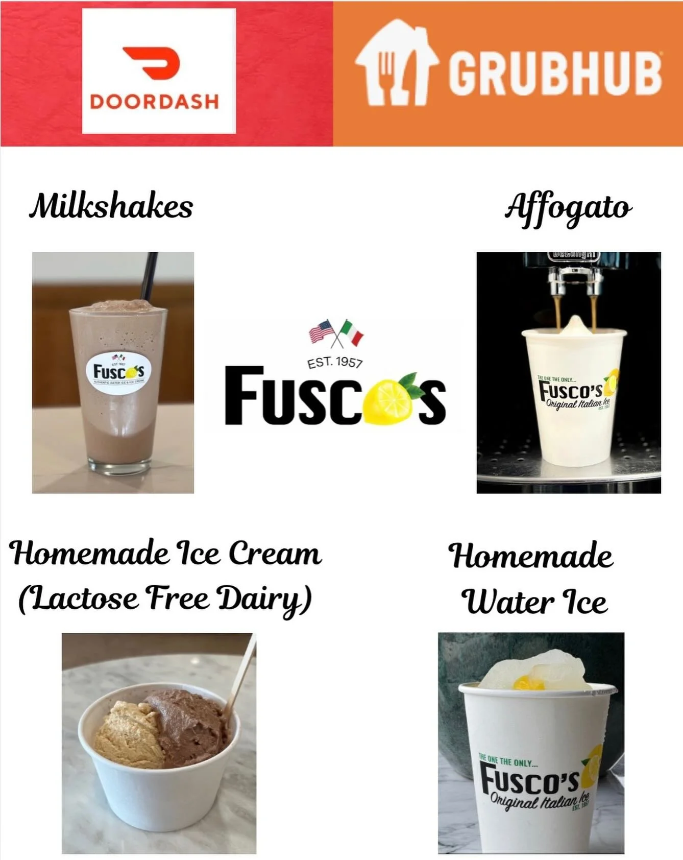 Available now on both GrubHub &amp; DoorDash!
Water Ice, Ice Cream, Affogato &amp; Milkshakes!!!