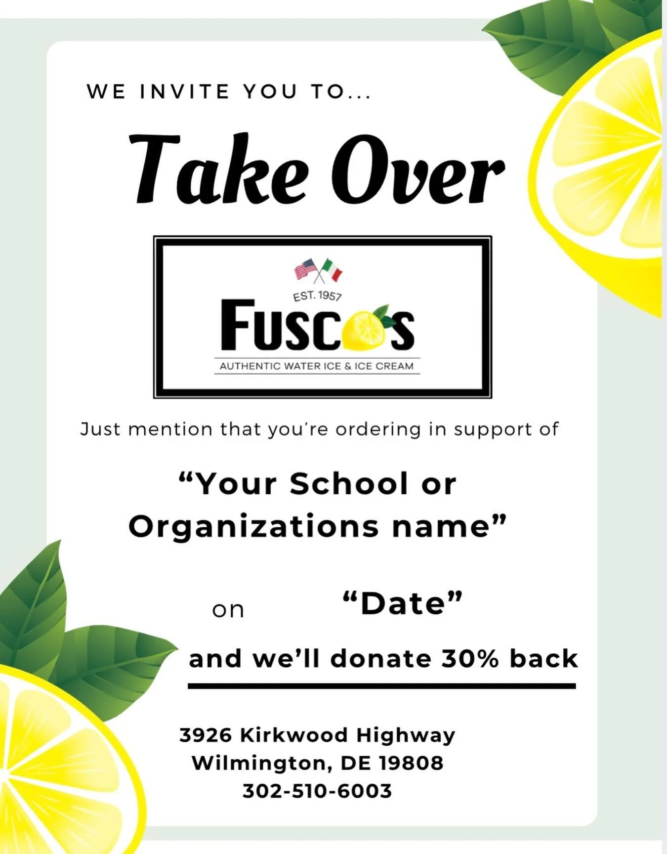 📣 Calling all schools &amp; organizations 📣 
Schedule your Take Over fundraiser at Fusco&rsquo;s for January &amp; February 2026 now!!
Enjoy a fun event with ice cream, water ice, milkshakes and affogatos and 30% will be donated back to your organi
