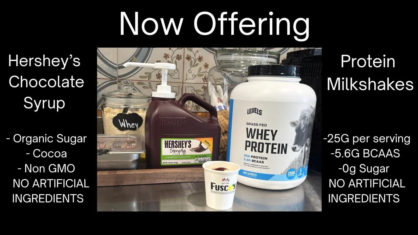 🚨 Fusco&rsquo;s now has 2 NEW offerings!!!

Protein Milkshakes - Made with Levels Whey Protein, 25G per serving, 5.6G BCAAS, 0g Added Sugar and NO ARTIFICIAL INGREDIENTS!!! 

Now, you can also add Chocolate Syrup to your ice cream or milkshake, usin