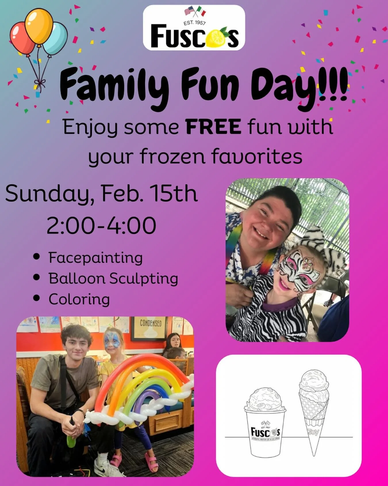 Happy to announce, our friends at @partybusiness will be joining us with some GREAT family fun activities Feb 15th from 2:00-4:00 at Fusco&rsquo;s on Kirkwood Hwy. 
Open to the public&hellip;come enjoy some of your favorite ice cream/water ice and ge