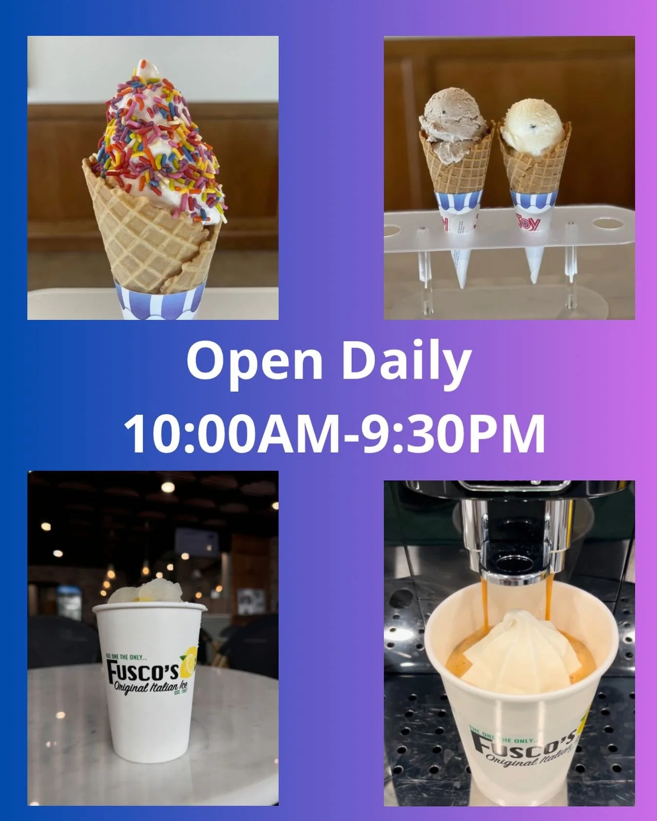 Share the good news! Full time seasonal hours are here. All Homemade, All Natural. No Artificial ingredients or dyes. No preservatives or high fructose corn syrup. Lactose Free soft serve and ice cream. Authentic Italian water ice. 

Tastes Better, F