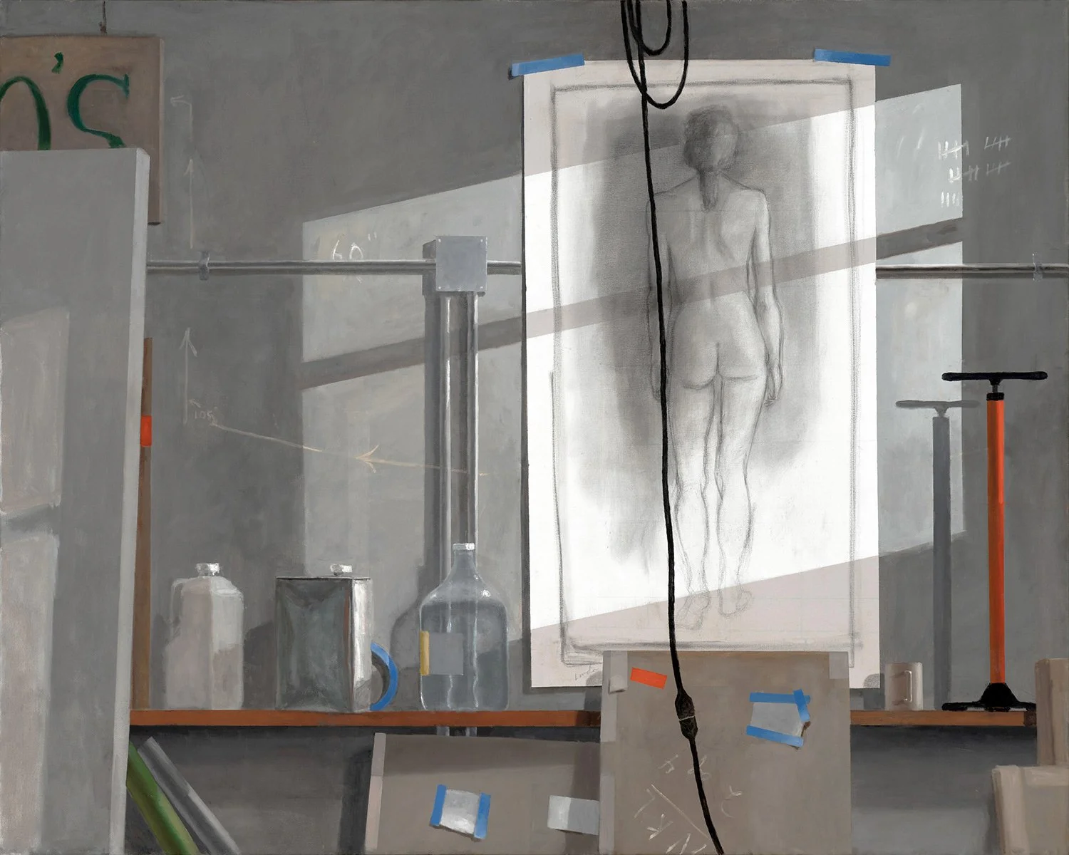 STUDIO WALL WITH RED BICYCLE PUMP AND DRAWING, 2018