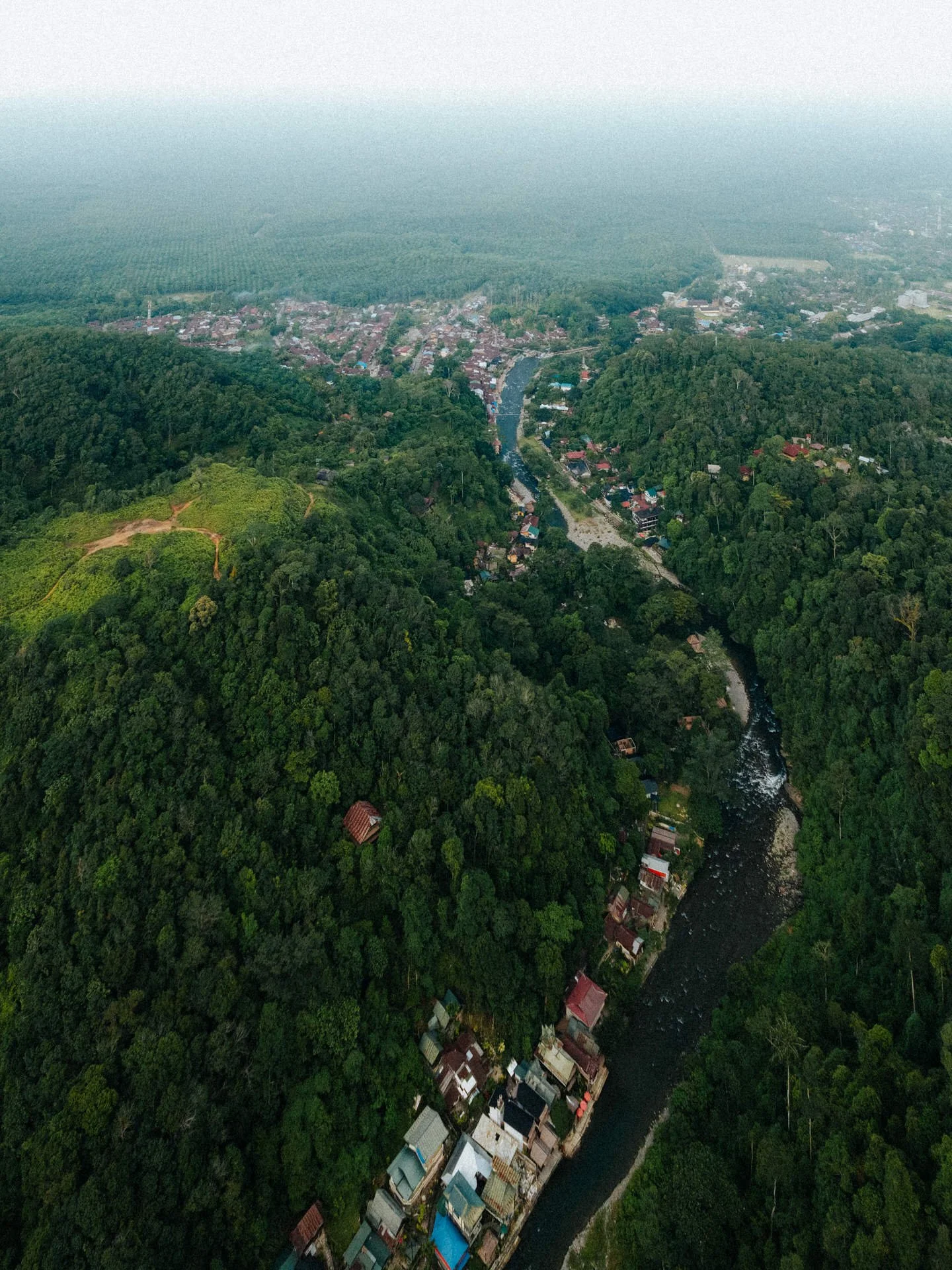 An aerial view of a river flowing through a lush green forest with a small town along its banks, extending to a distant city.