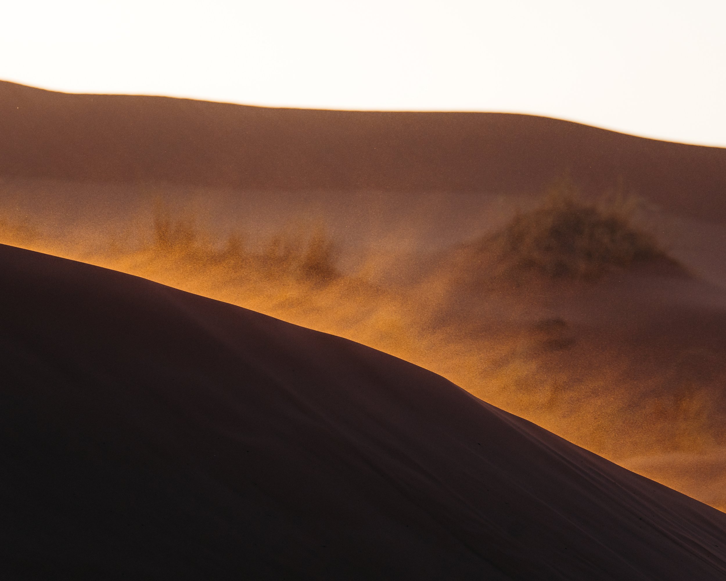 Sand dunes in a desert at sunset with shadows cast on the dunes.