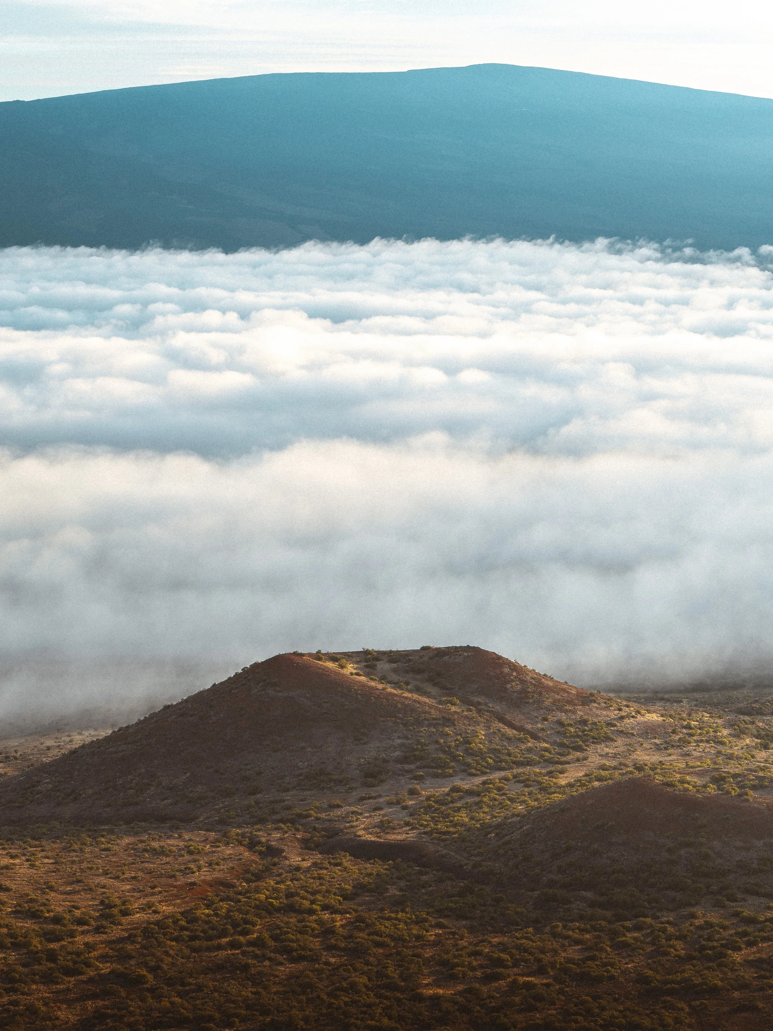 Mountain peaks above a sea of clouds with dry, grassy hills in the foreground.