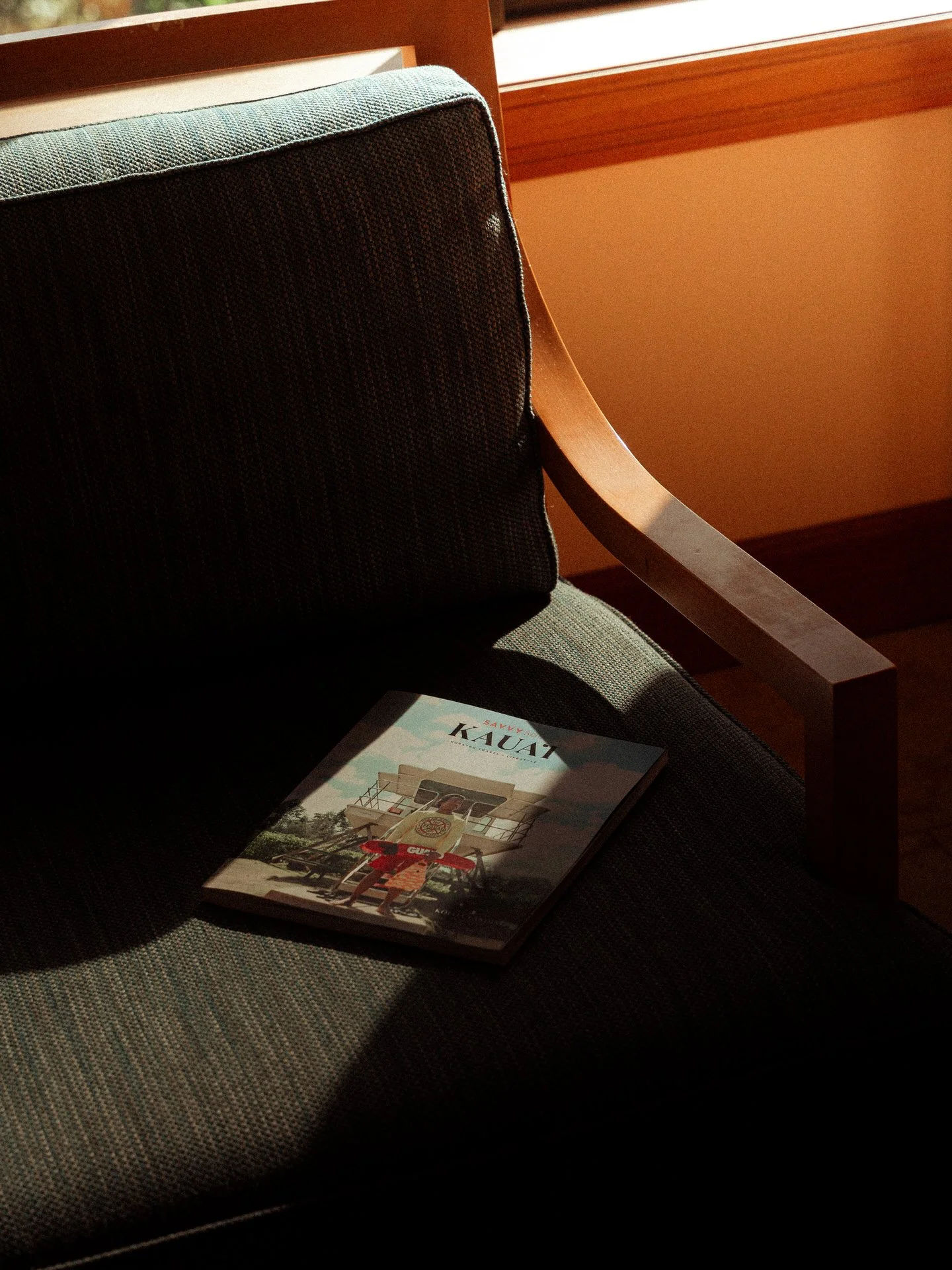 A book resting on a dark, textured fabric armchair with wooden armrests. Sunlight is casting shadows on the chair, and a wooden wall and window are visible in the background.