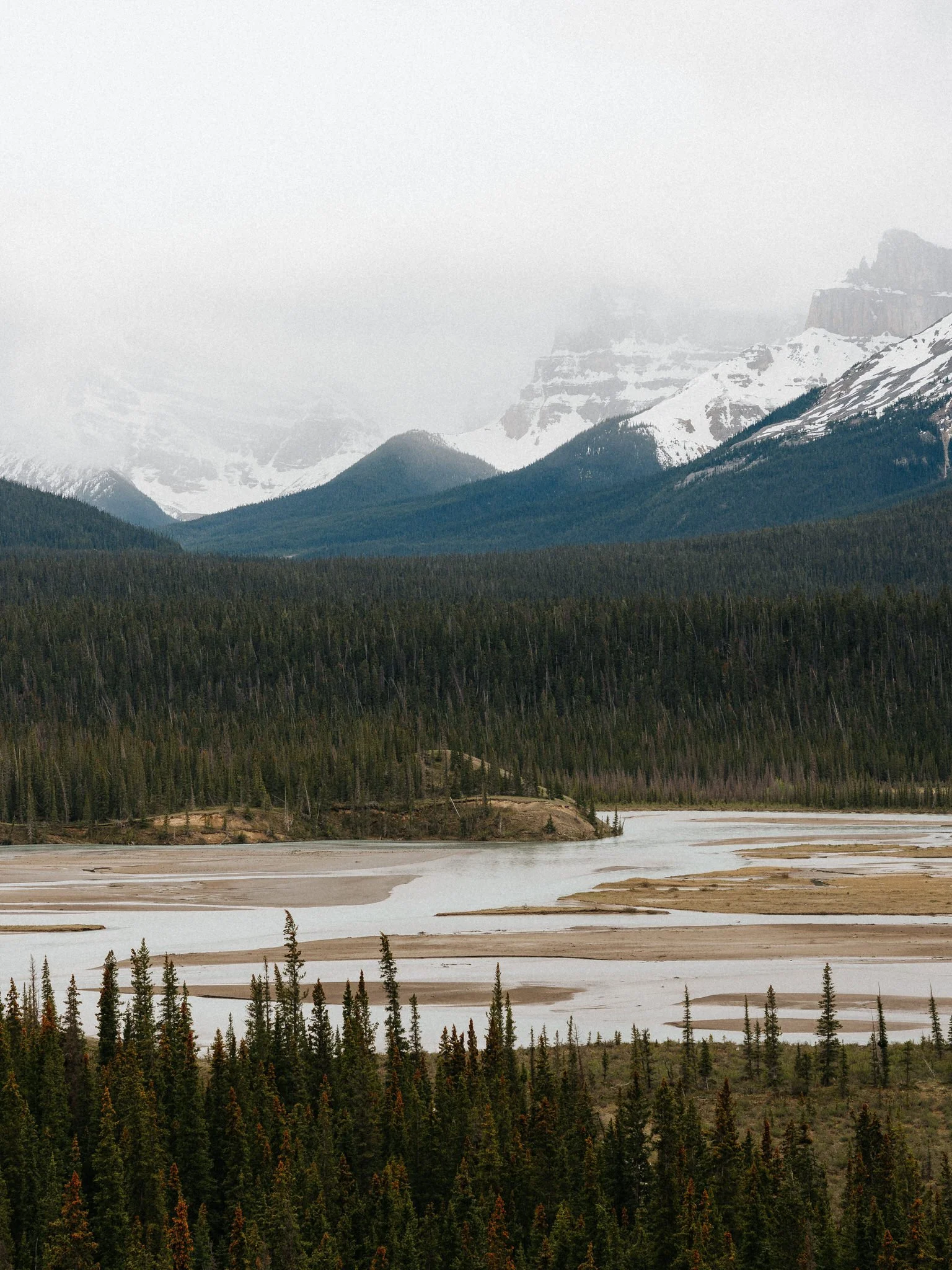 A mountain landscape with snow-capped peaks, dense evergreen forest, and a winding river or lake in the foreground, under a cloudy sky.