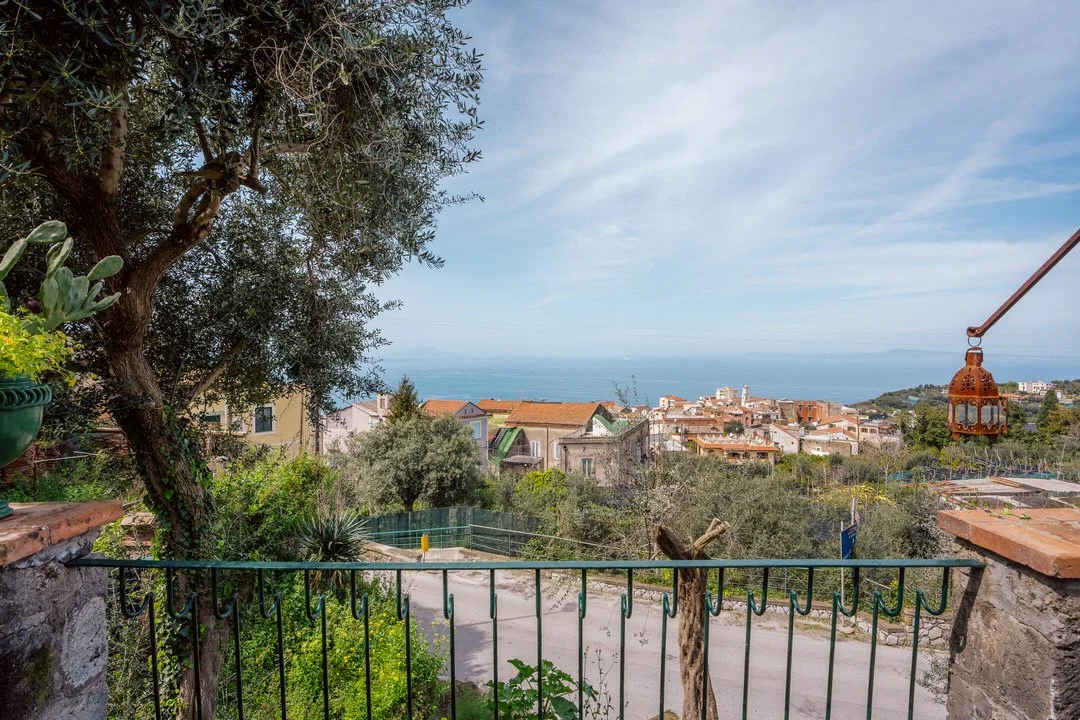 View of a coastal town with buildings, a tree in the foreground, and the ocean in the background, seen from a balcony with a metal railing and decorative hanging lantern.