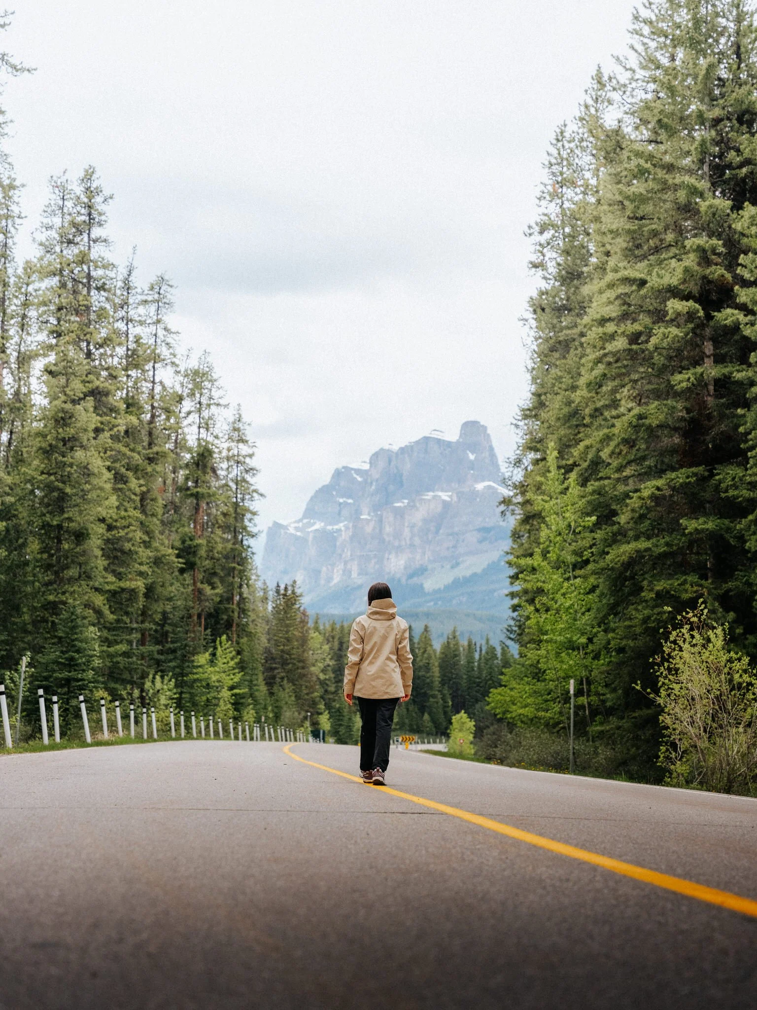 Person wearing beige jacket and black pants walking on a winding mountain road surrounded by tall green trees with a mountain peak in the background.
