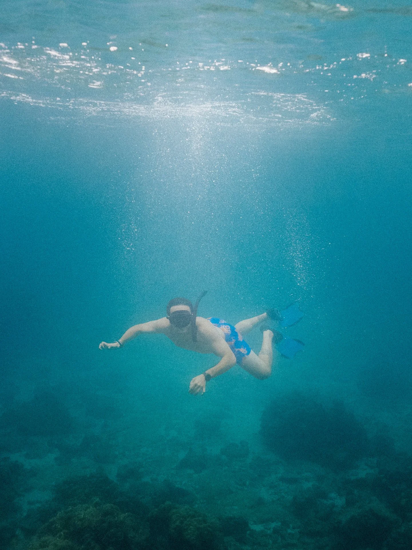 A man snorkeling underwater with blue fins, wearing a snorkel mask, swimming above coral formations.