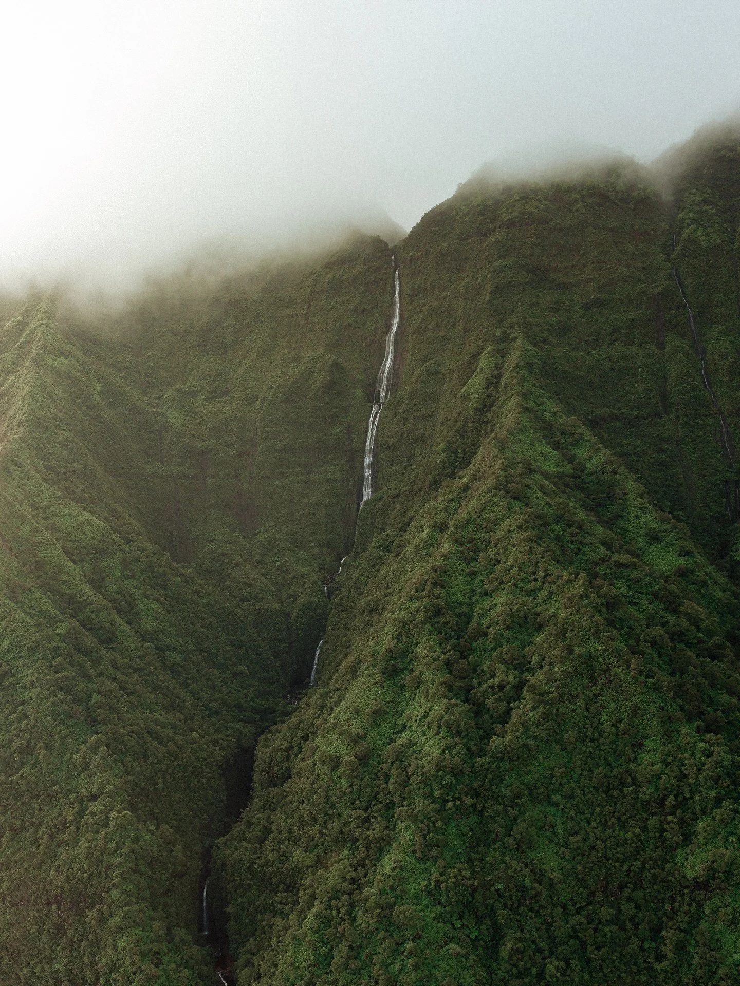 Aerial view of lush, green, fog-covered mountains with cascading waterfalls.