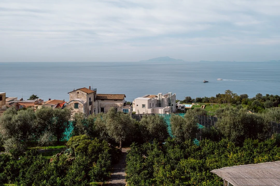 View of houses and trees by the seaside with boats and a distant landmass on the horizon.