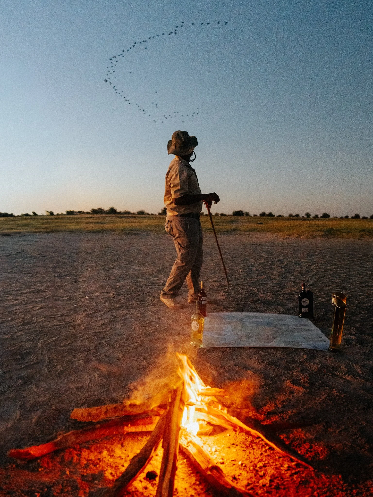 Person standing near campfire on a flat open area, with bottles on the ground and a flock of birds flying in the evening sky.