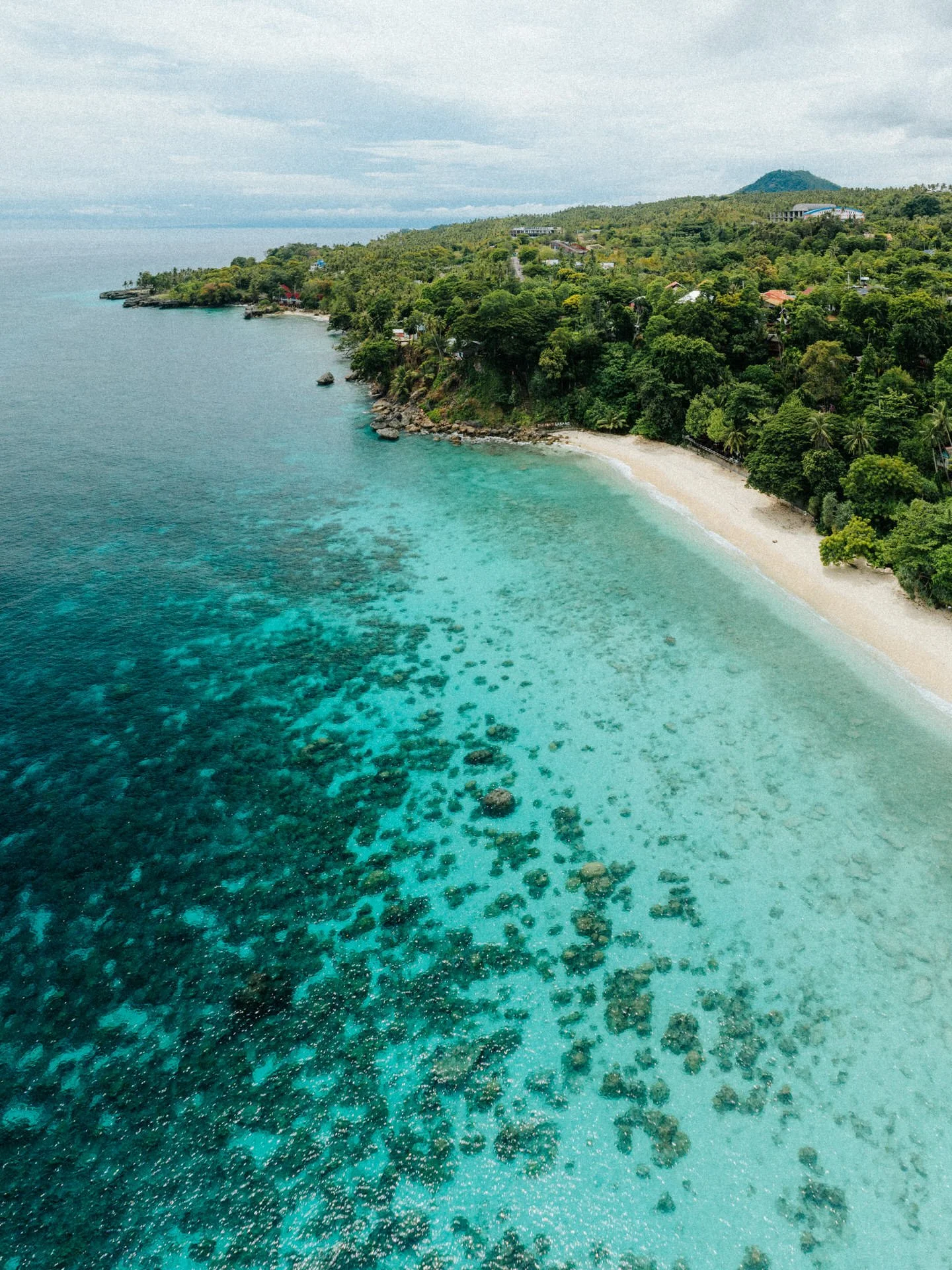 Aerial view of a tropical beach with turquoise waters, coral reef visible underwater, white sandy shoreline, lush green forest, and hillside with buildings and trees.