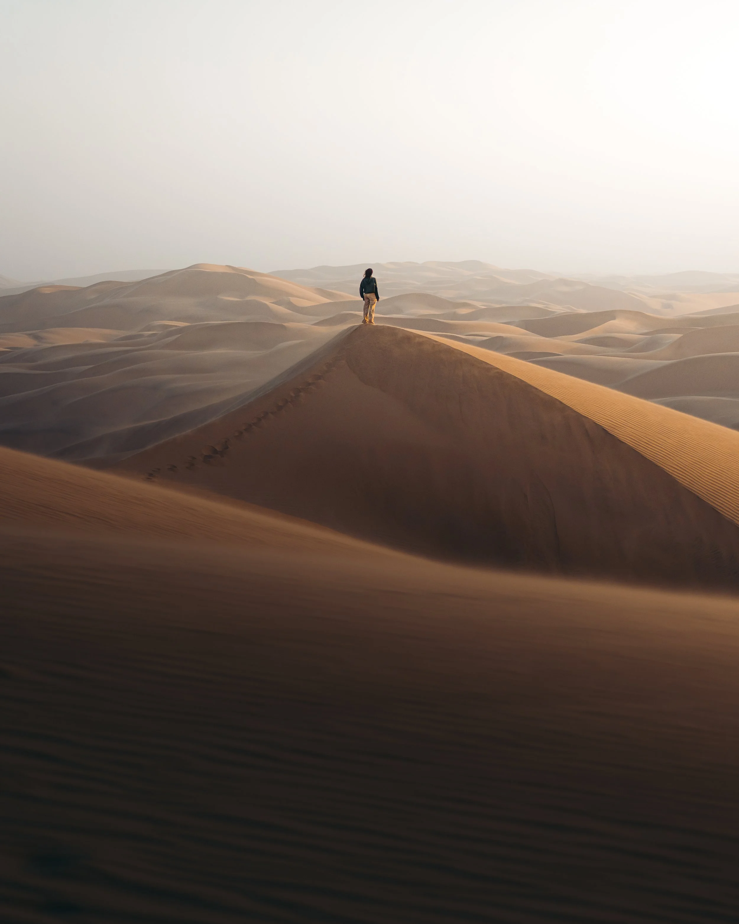 A person standing on a sand dune in a vast desert landscape with multiple rolling sand dunes under a bright sky.