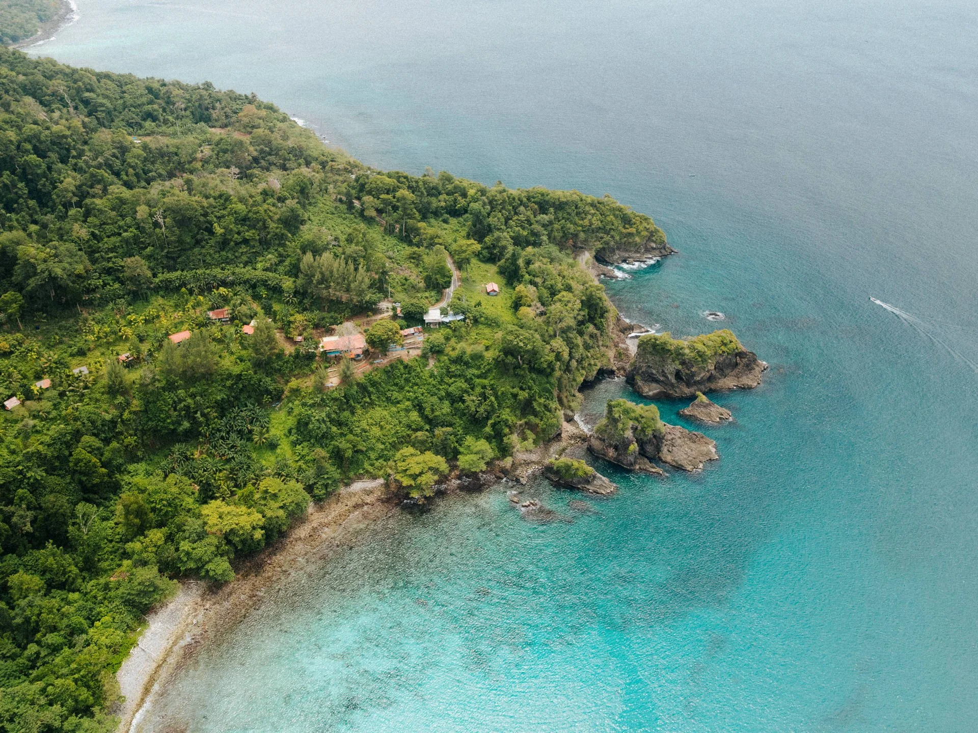 Aerial view of a green, forested coastline with small houses and a road, meeting clear blue ocean waters with rocks and a boat.