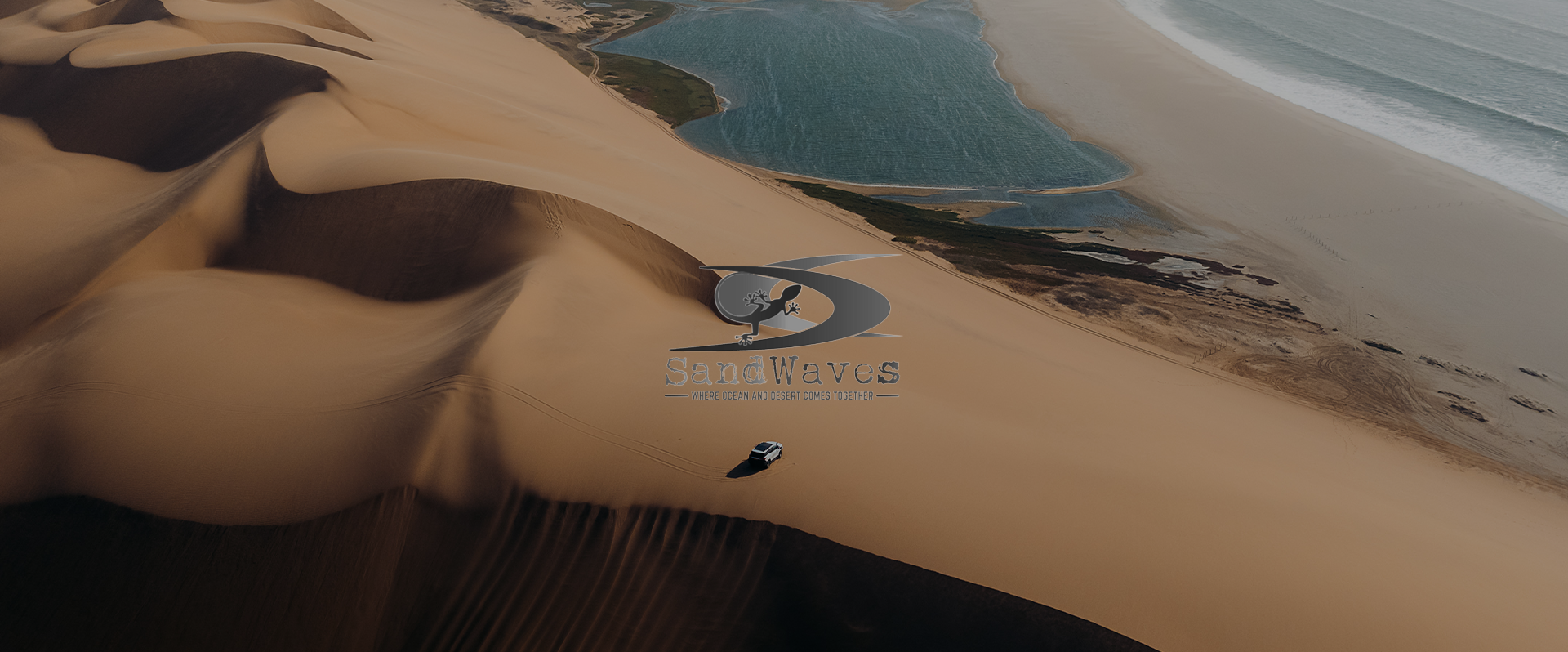 Aerial view of sand dunes with a vehicle and a logo for SandWaves, featuring a gecko and the tagline 'Where ocean and desert come together'.