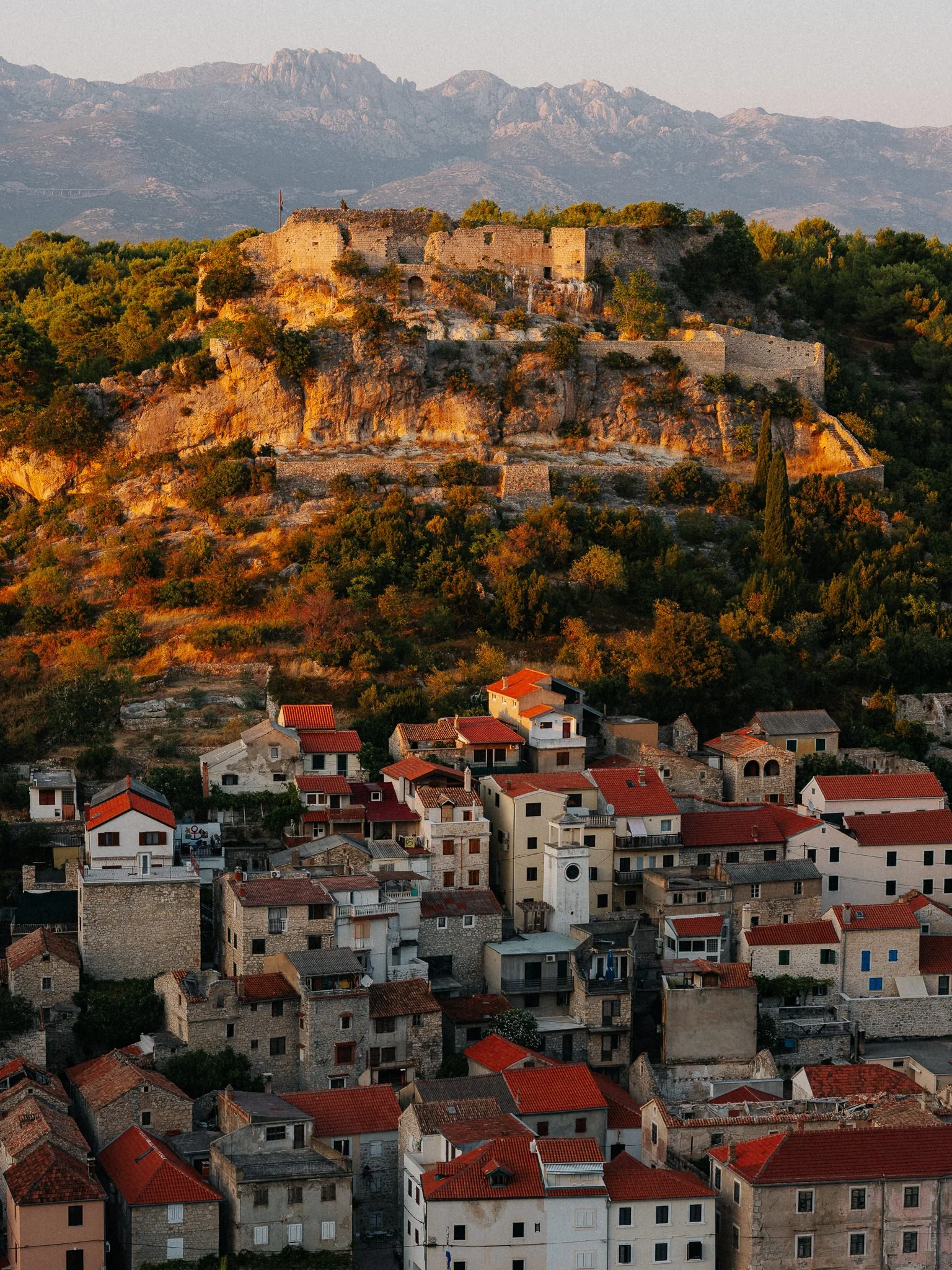A hillside fortress overlooking a town with red-roofed buildings, mountains in the background, and trees surrounding the area.