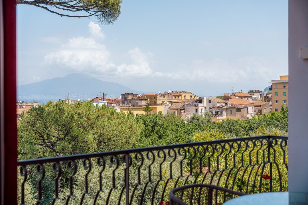 View from a balcony showing trees, houses, and a mountain in the distance under a blue sky with clouds.