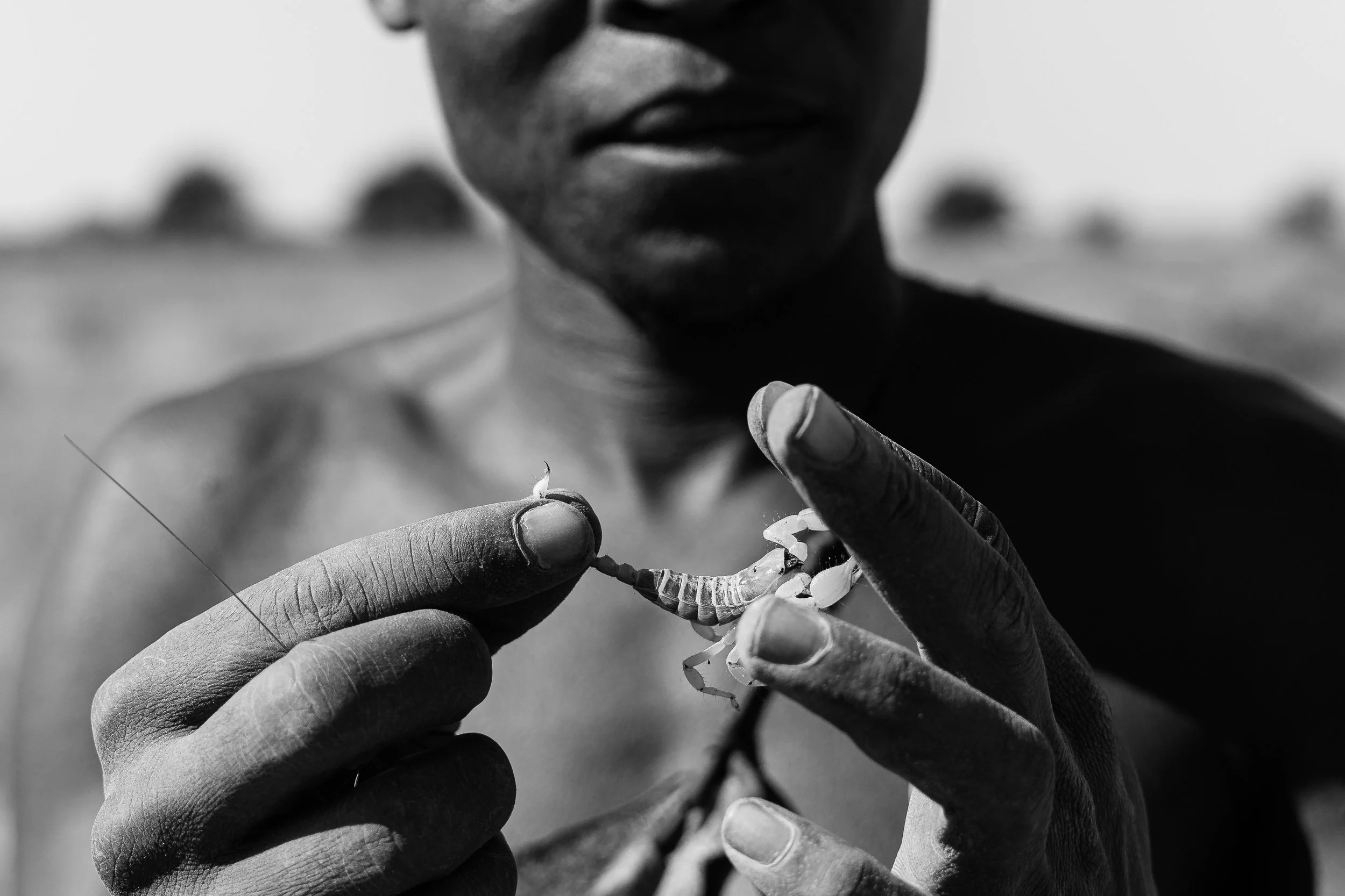 Black and white close-up photo of a person holding a small insect or larva between their fingers, with another person in the background.