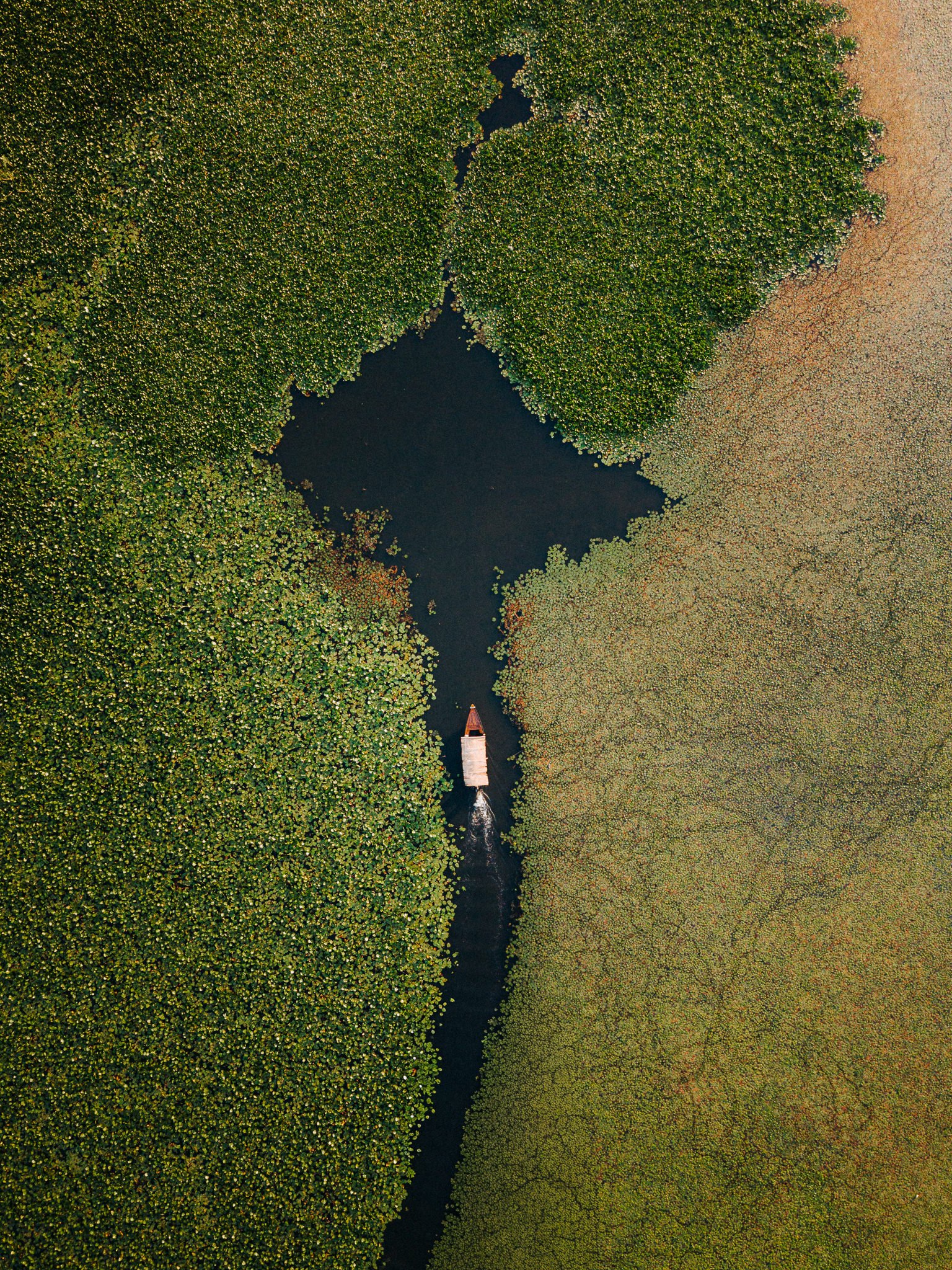 Aerial view of a canal cutting through a dense green marshland with a small boat and dock at the water's edge.