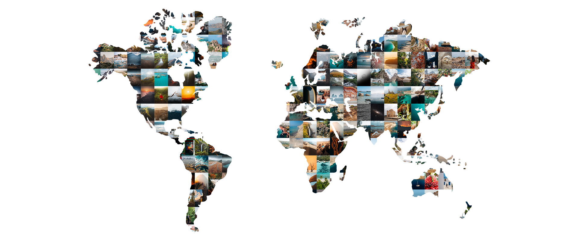 A digital collage of a world map composed of numerous small photographs of landscapes, nature scenes, and travel destinations, creating an abstract representation of the continents.