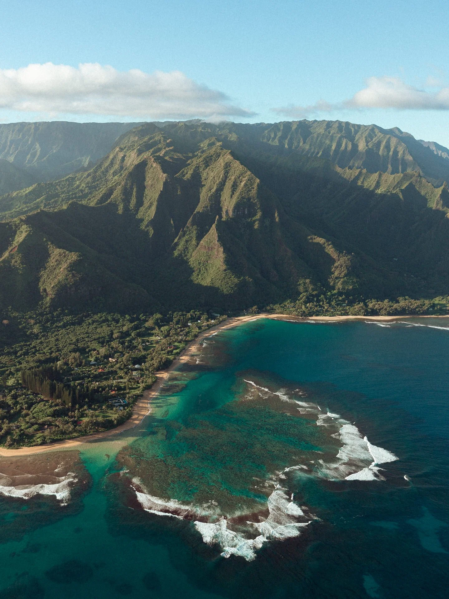 An aerial view of a coastline with clear blue waters, sandy beaches, lush green vegetation, and steep mountainous terrain in the background.